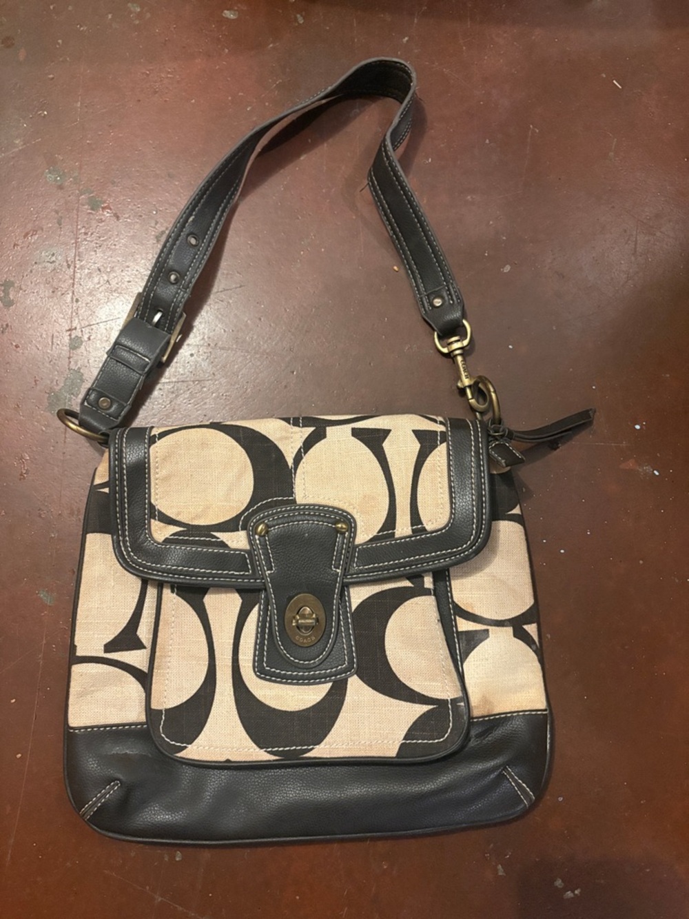 Coach Beige and Brown Signature Canvas Shoulder Bag